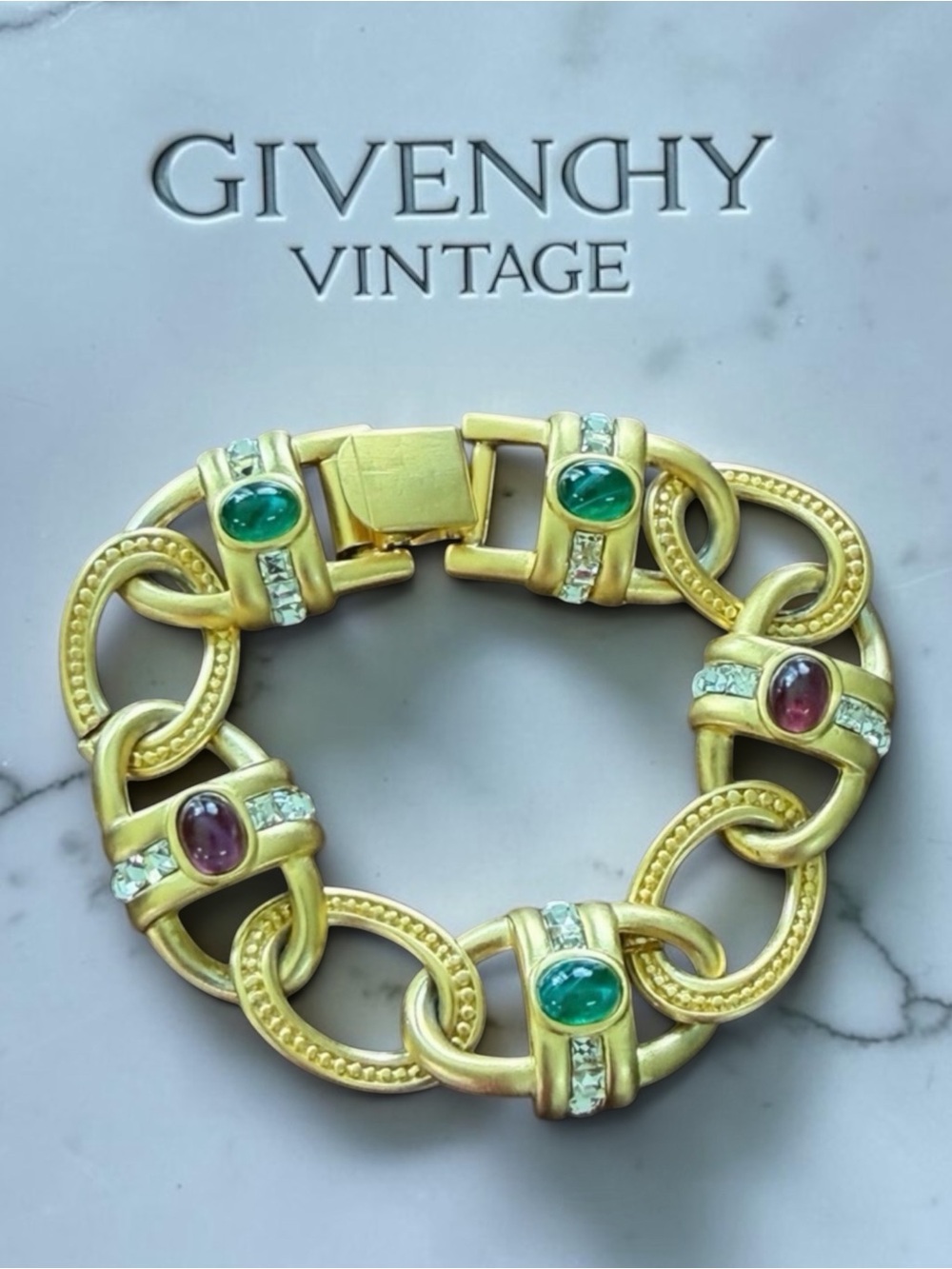 Vintage Givenchy Chunky Cabochon 1980’s Gold-Plated Crystal Link Bracelet